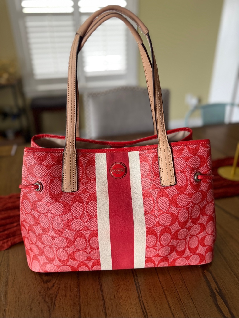 Coach Red and Beige Signature Stripe Tote